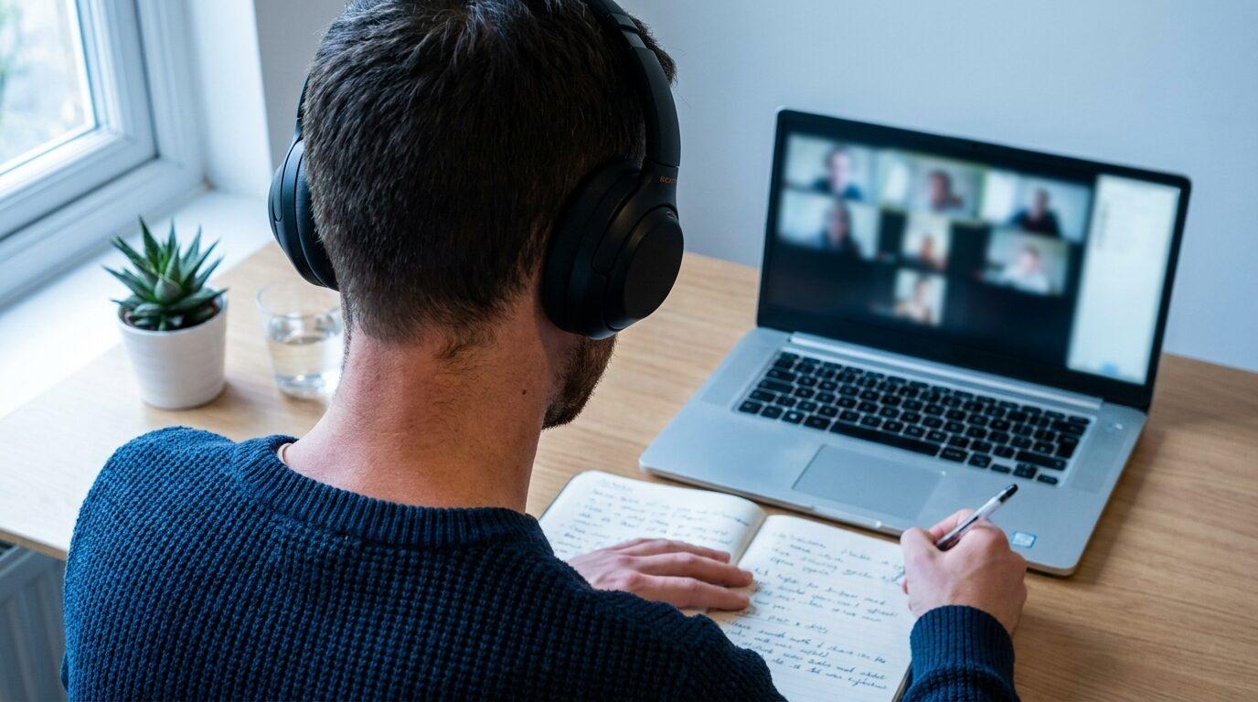 Lizenznehmer mit Kopfhörern macht sich Notizen während eines Online-Seminars