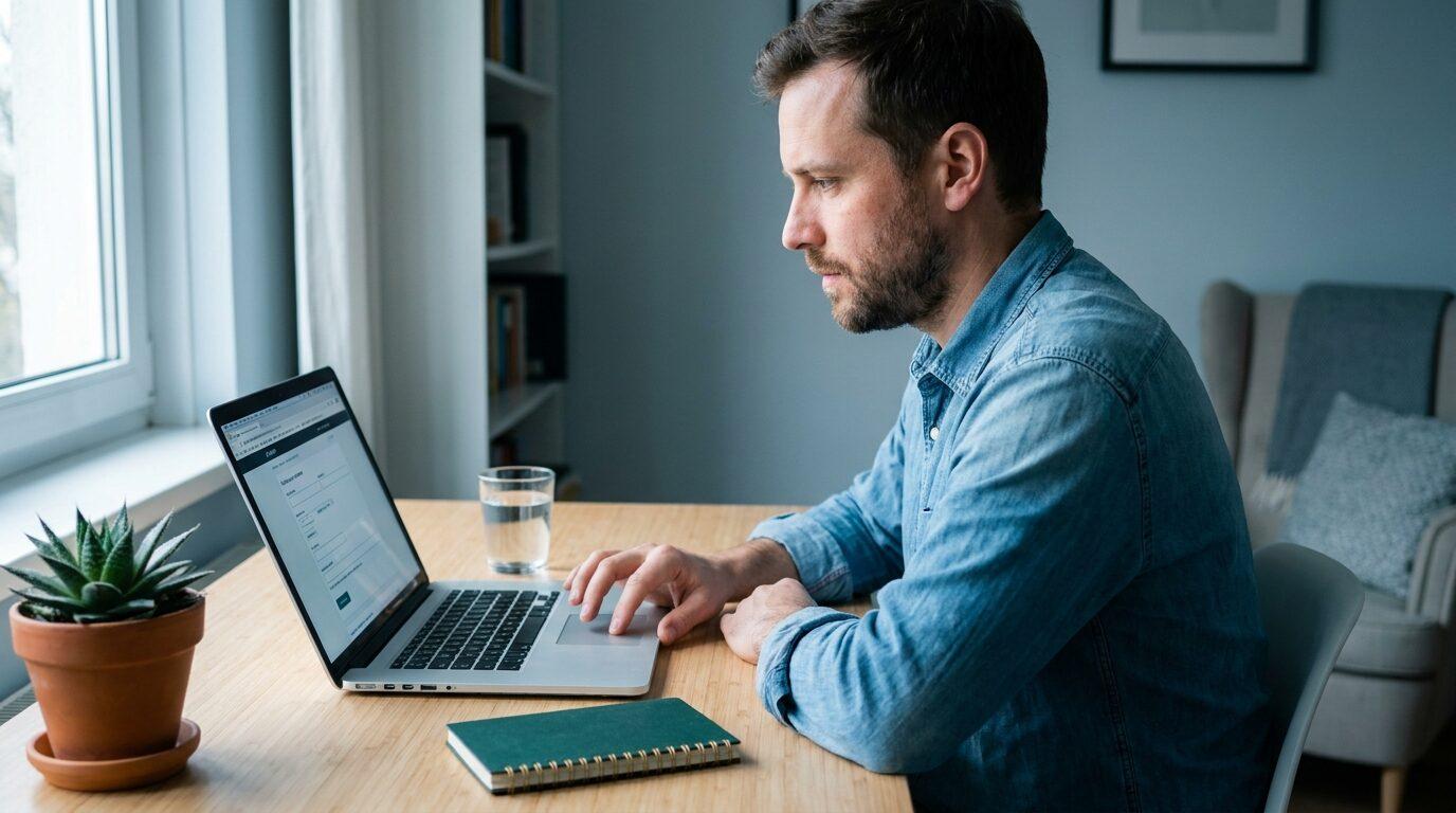 Mann beantwortet zuhause den Online-Fragebogen am Laptop
